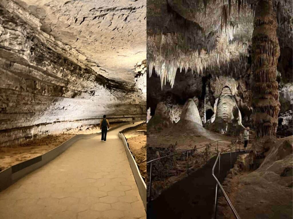 The image on the left shows a man walking in Mammoth Cave and the image on the right shows a woman in Carlsbad Caverns.
