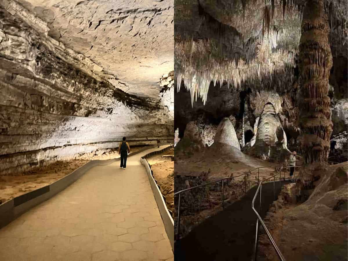 The image on the left shows a man walking in Mammoth Cave and the image on the right shows a woman in Carlsbad Caverns.