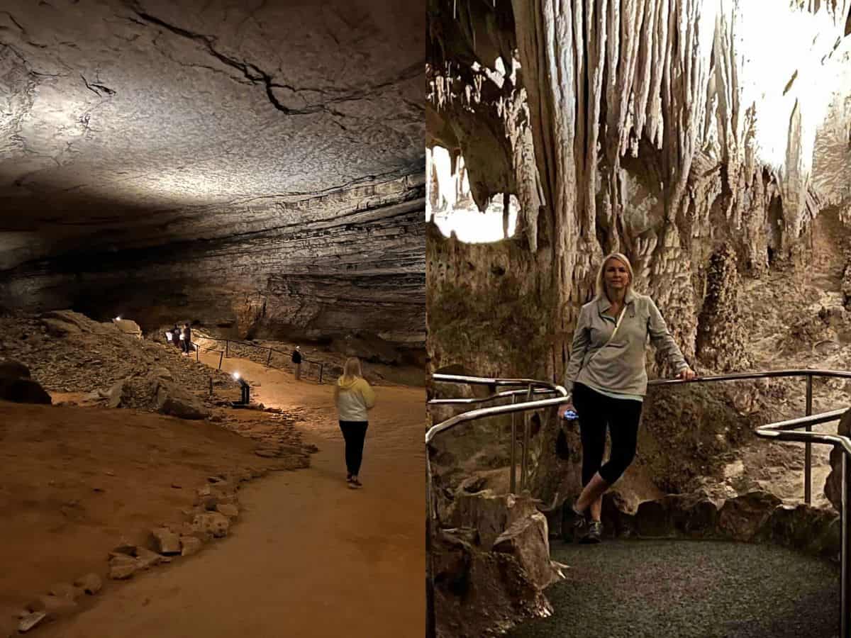 A woman walks through Mammoth Cave in the image on the left and the same woman stands in front of stalactites in the image on the right.