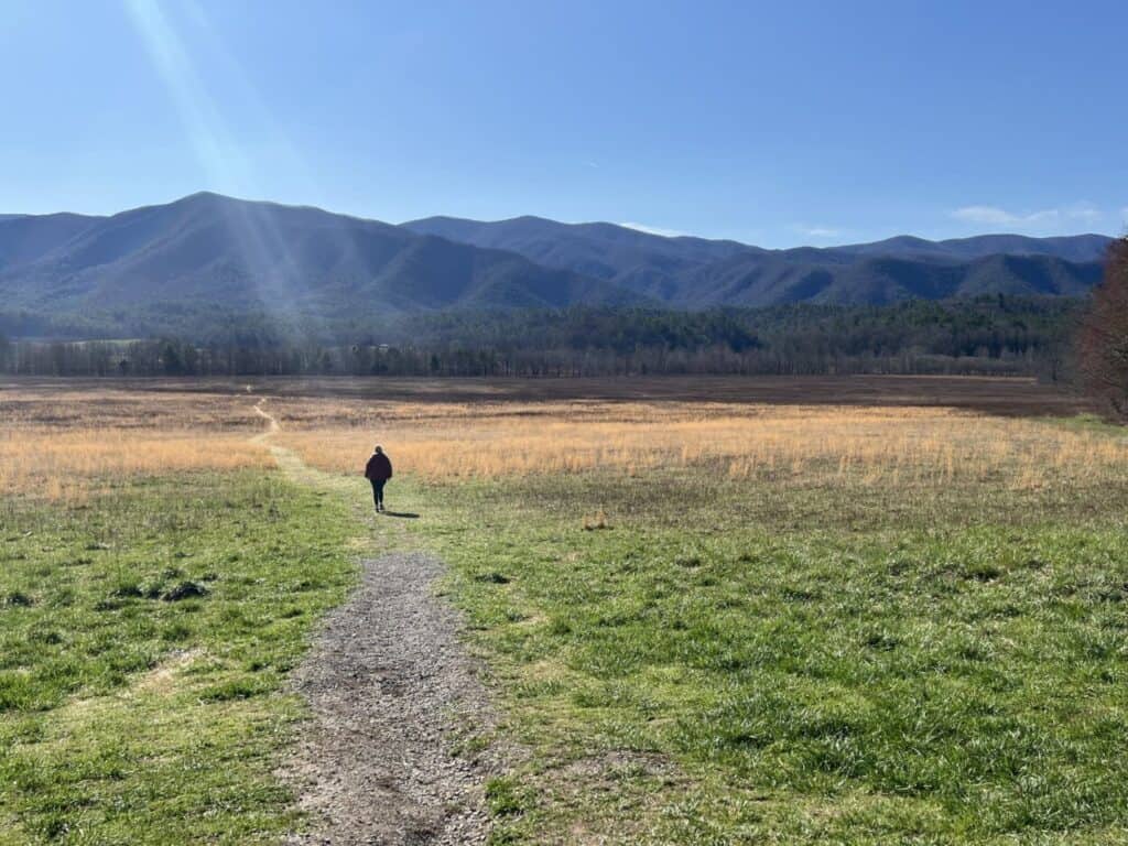 A woman walks along a path in a vast meadow with mountains in the distance. We provide a complete planning guide for Great Smoky Mountains National Park.