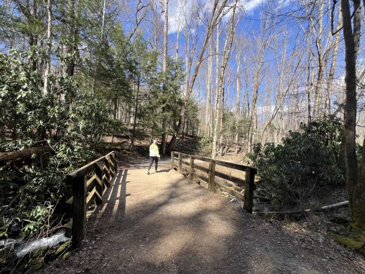 A woman hikes across a footbridge