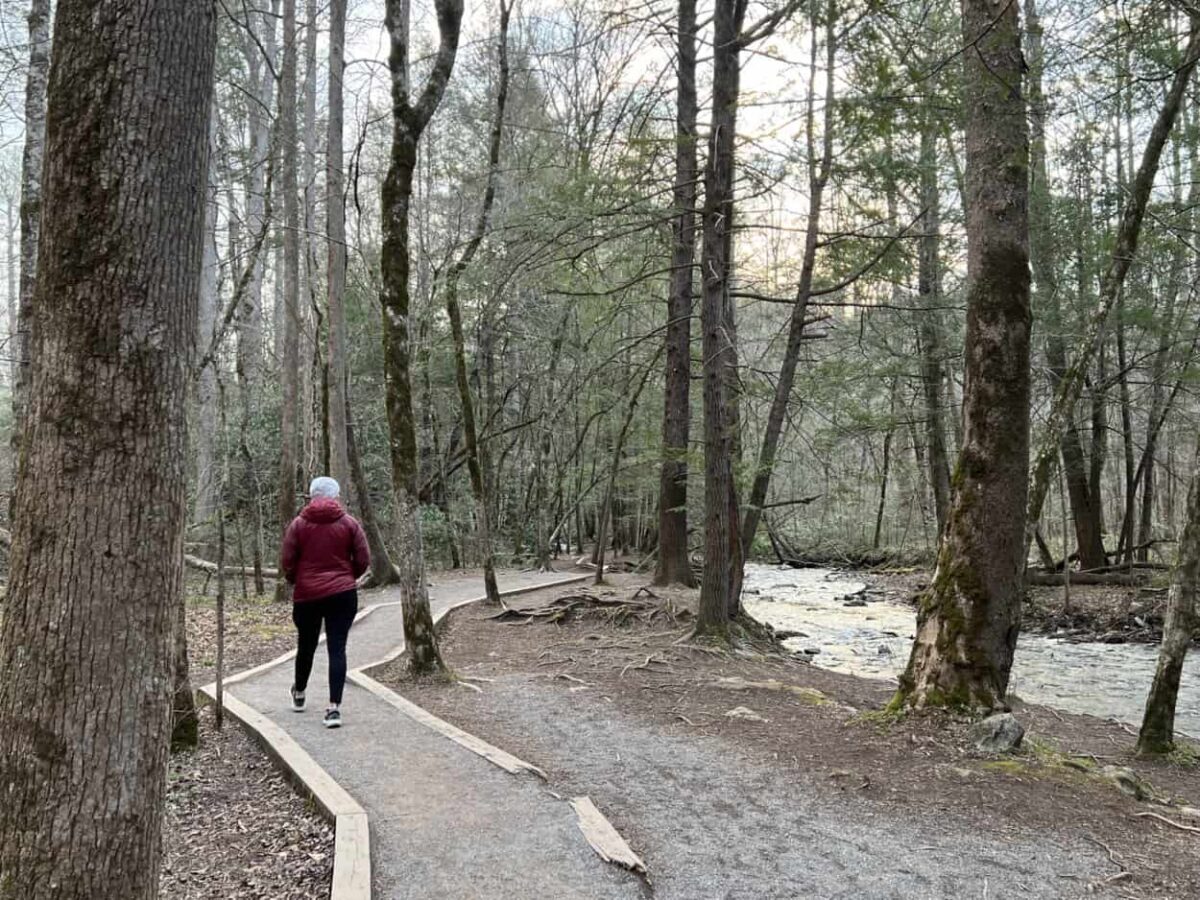 A woman hikes a trail next to a mountain stream.
