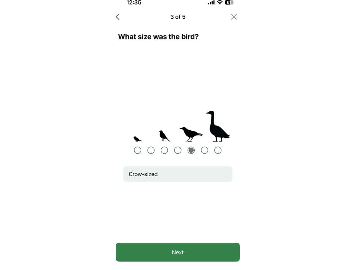 A phone screen shows representations of a sparrow, robin, crow, and goose to allow the user to select the size of an observed bird.