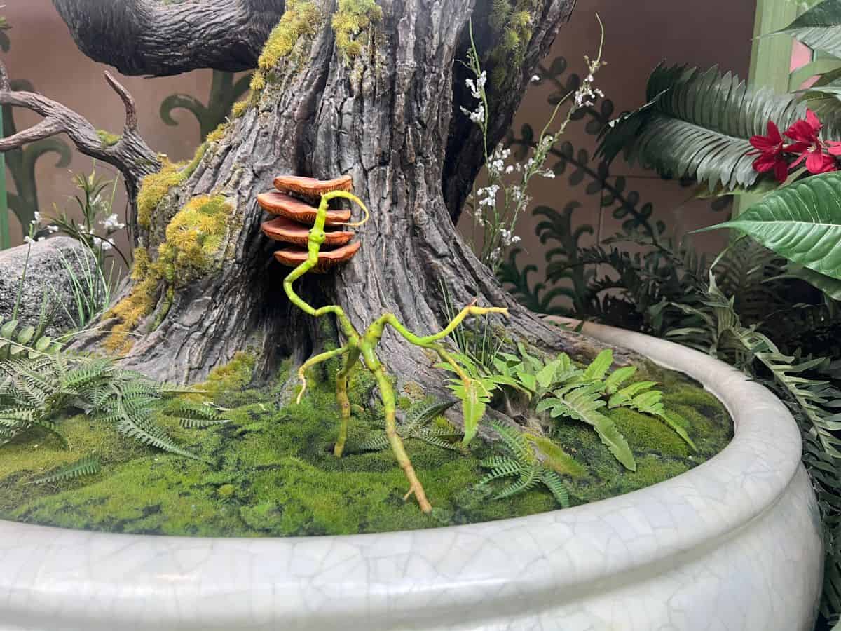 A cute green stick-like magical creature stands next to a tree trunk.