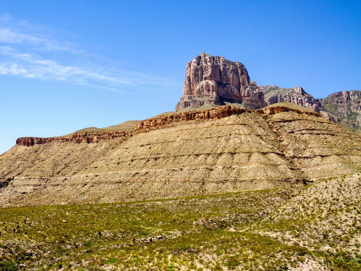 A prominent mountain peak stands out on the horizon in Guadalupe Mountains National Park, Texas.