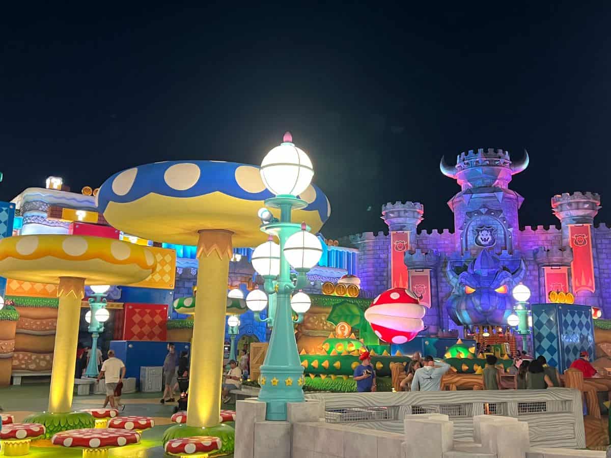 Lights illuminate Super Nintendo World, Epic Universe, Orlando.