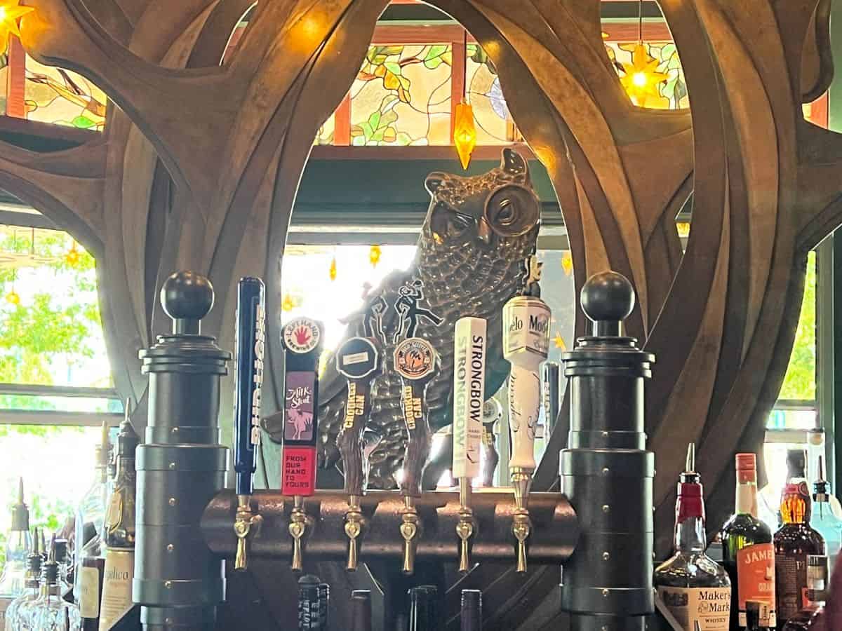 A replica of an owl is perched behind beer taps in a bar at the Plastered Owl in Celestial Park.
