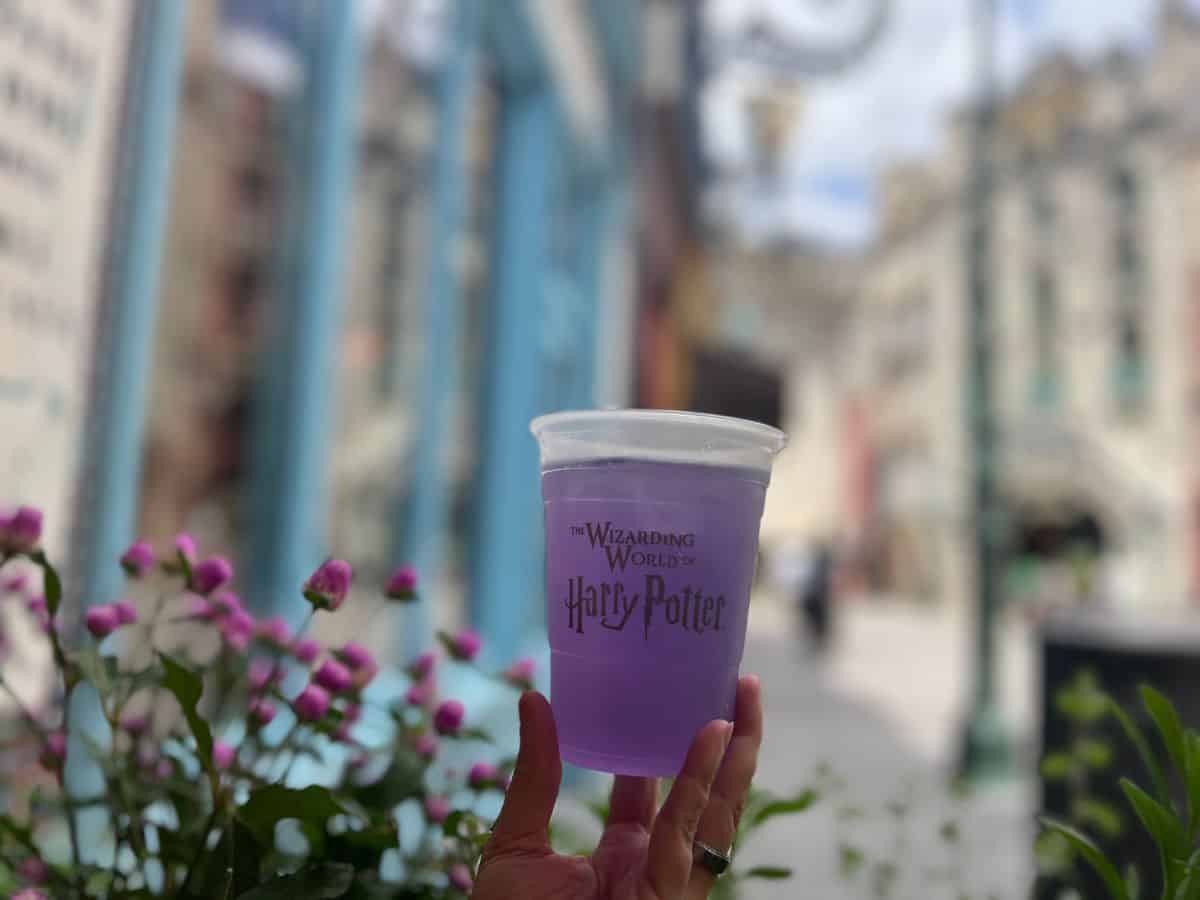 A hand holds up a Wizarding World of Harry Potter cup containing a purple drink