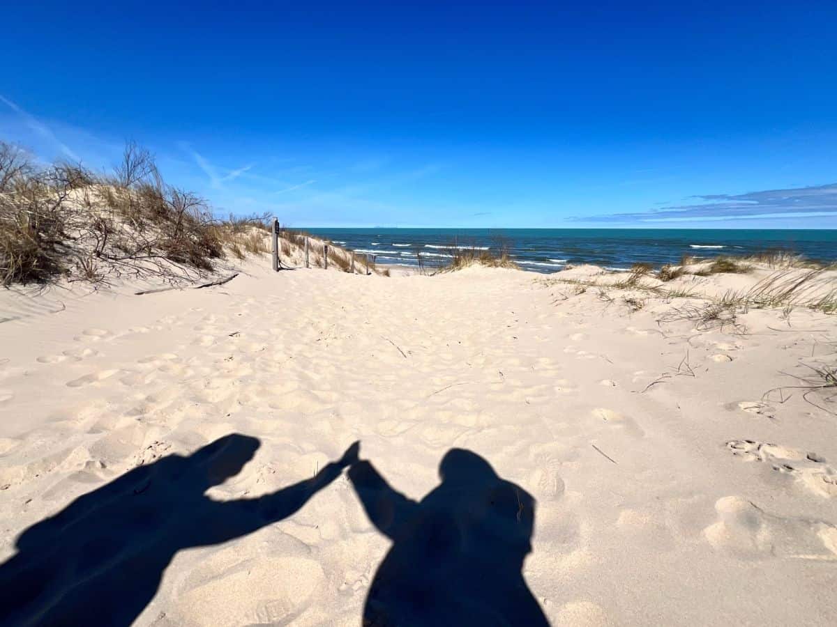 Two shadows perform a high five on a sandy beach with a lake in the background.