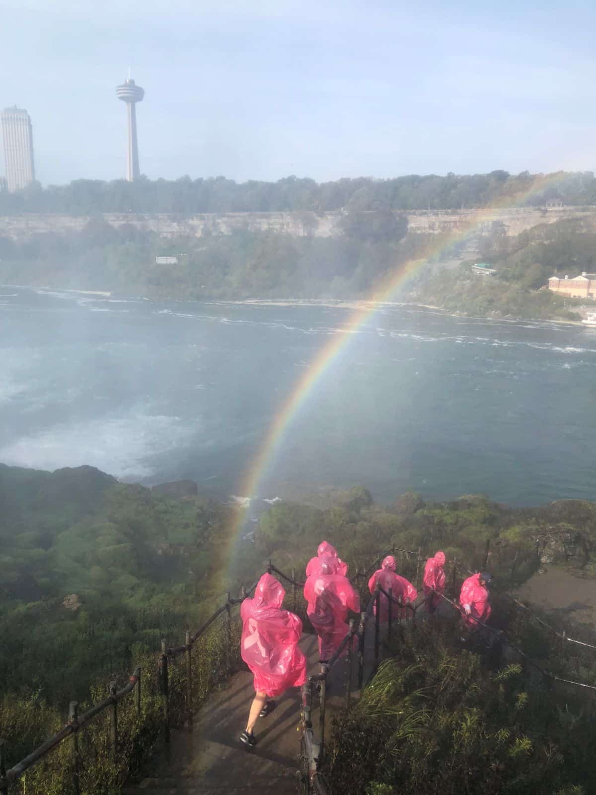 Visitors in pink ponchos descend a flight of stairs while a rainbow forms in the mist at Niagara Falls.