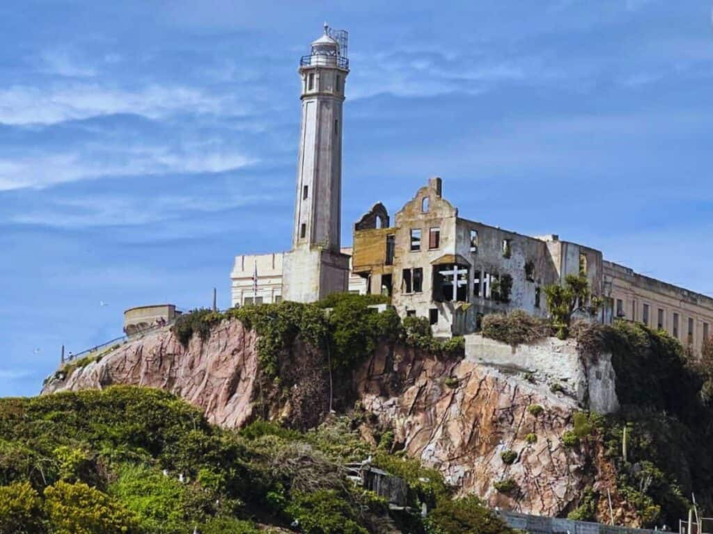The Alcatraz Lighthouse stands tall on Alcatraz Island, CA