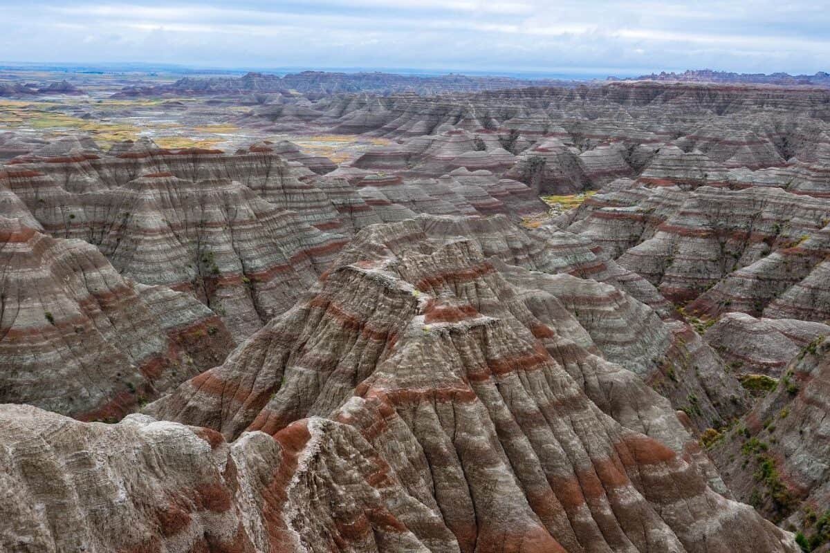 Colorful striped badlands dominate the horizon in Badlands National Park, South Dakota