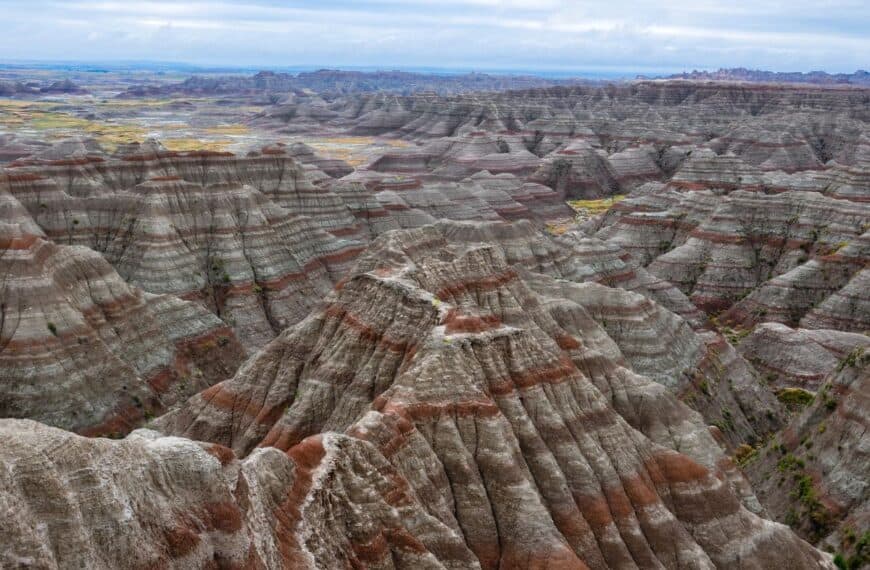 Colorful striped badlands dominate the horizon in Badlands National Park, South Dakota