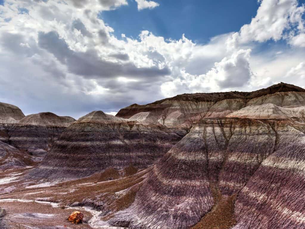 Striped mounds in Petrified Forest National Park display colors of purple, gray, and white