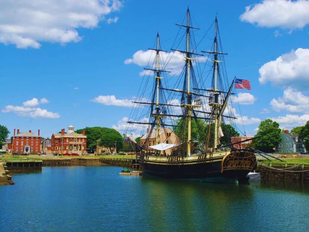 The Friendship of Salem stands out in the Derby Wharf, Salem, MA