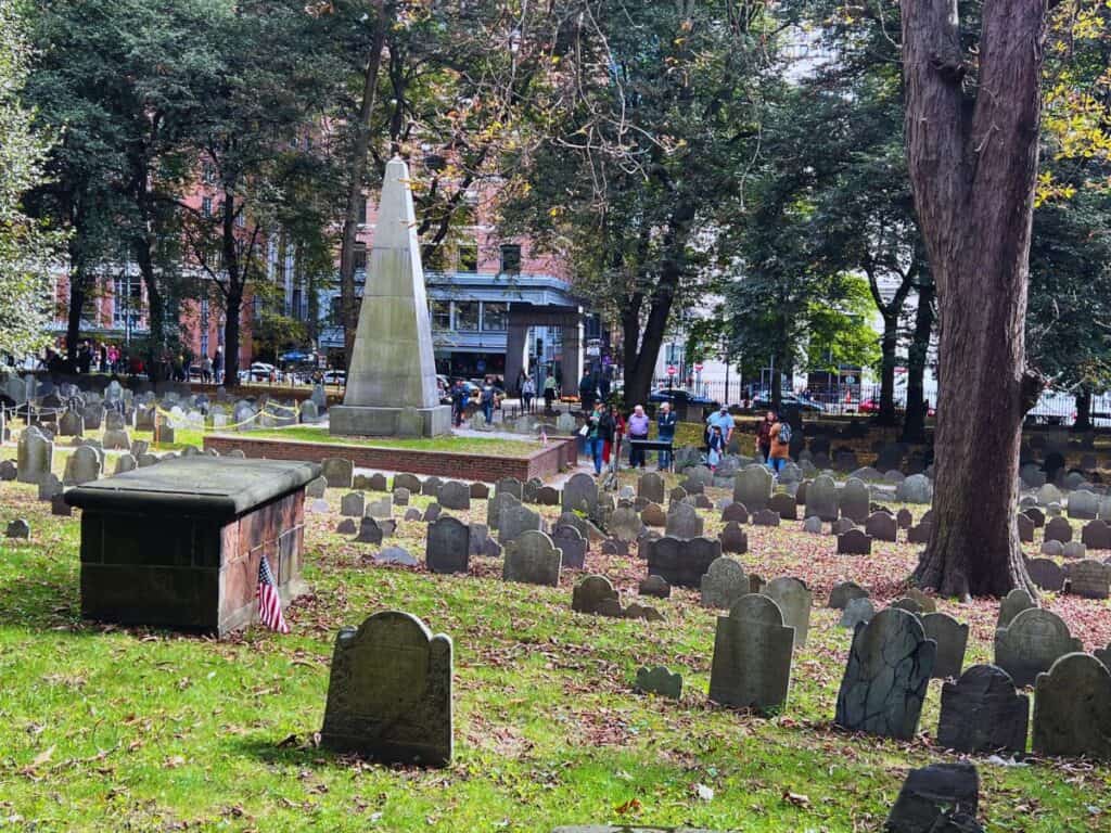 Gravestones line the grounds in Granary Burying Ground, Boston, MA