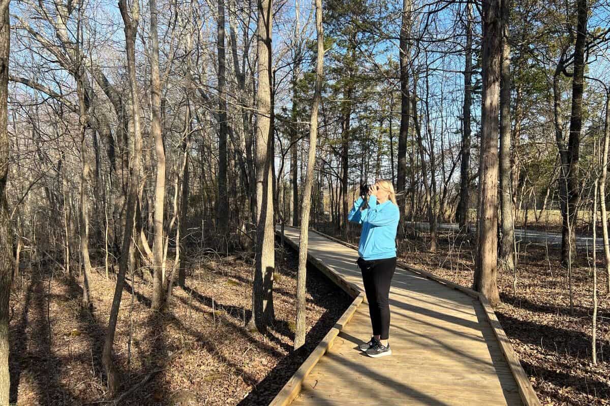 A woman looks through binoculars on a boardwalk trail in a forest - birding in a national park
