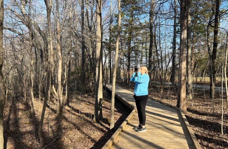 A woman looks through binoculars on a boardwalk trail in a forest - birding in a national park