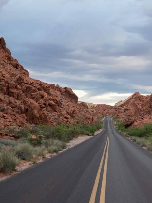 gray asphalt road between brown rock formation during daytime