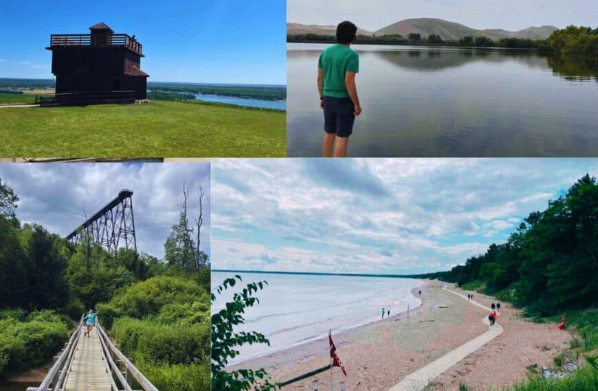 hidden gem state parks across America: Fort Abraham Lincoln, Bruneau Dunes, Whitefish Dunes, and Kinzua Bridge State Parks.
