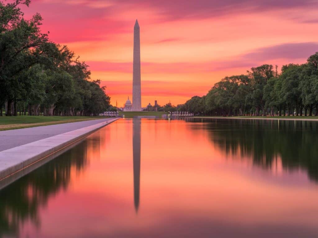 The Washington Monument reflects in the waters of the Lincoln Memorial Reflecting Pool, Washington DC National Mall
