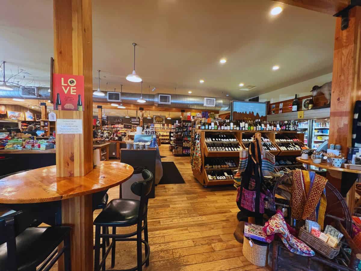 Shelves of food and wine bottles inside the Mazama Store, near Winthrop, Washington