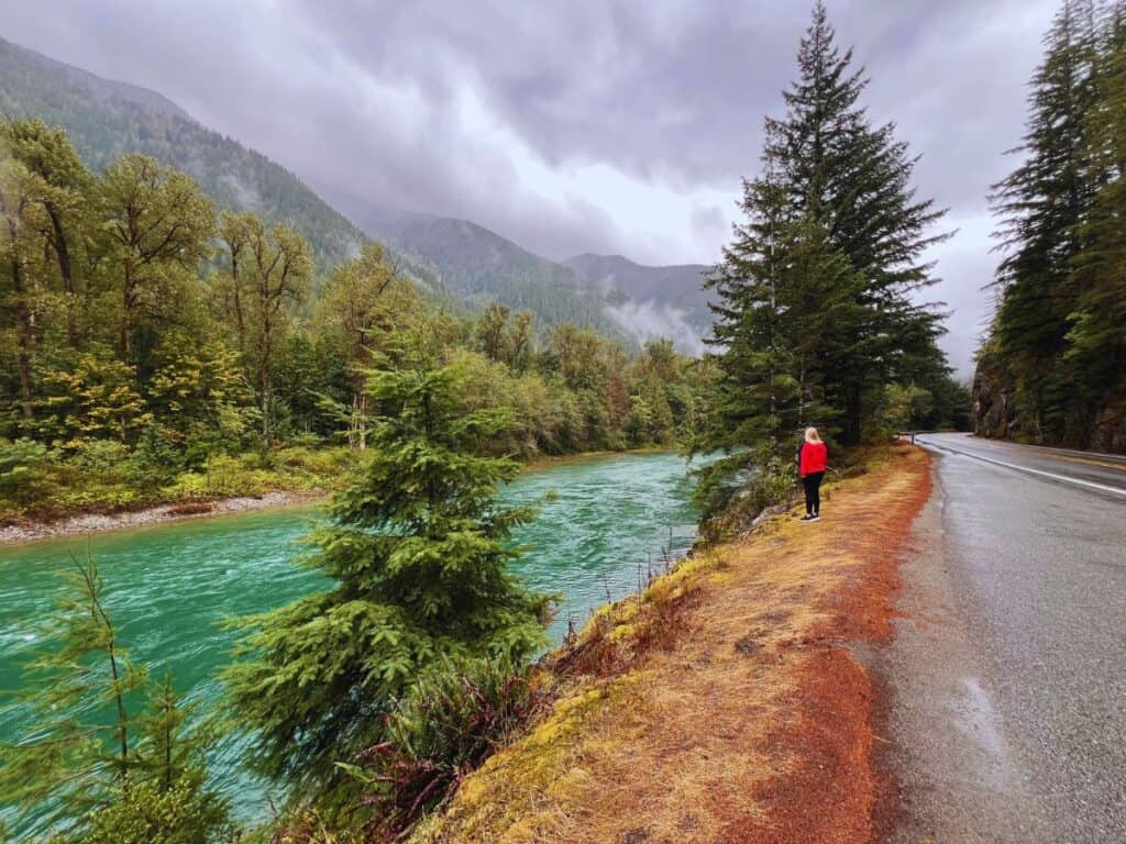 A woman stands just off the edge of the road, looking at the blue waters of the Skagit River in Washington