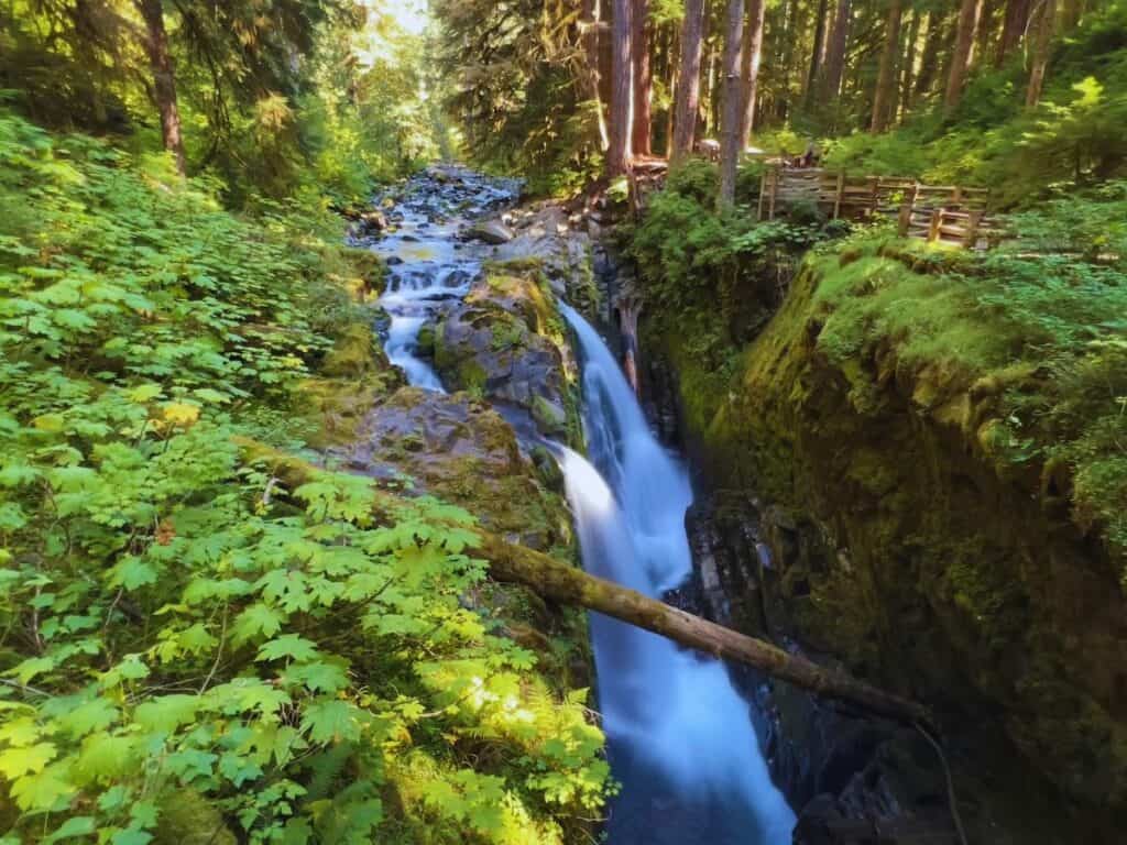 A viewing platform overlooks Sol Duc Falls in Olympic National Park, Washington