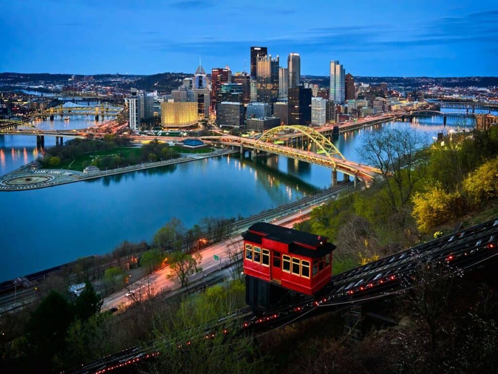 Aerial view of buildings and rivers in downtown Pittsburgh, Pennsylvania.