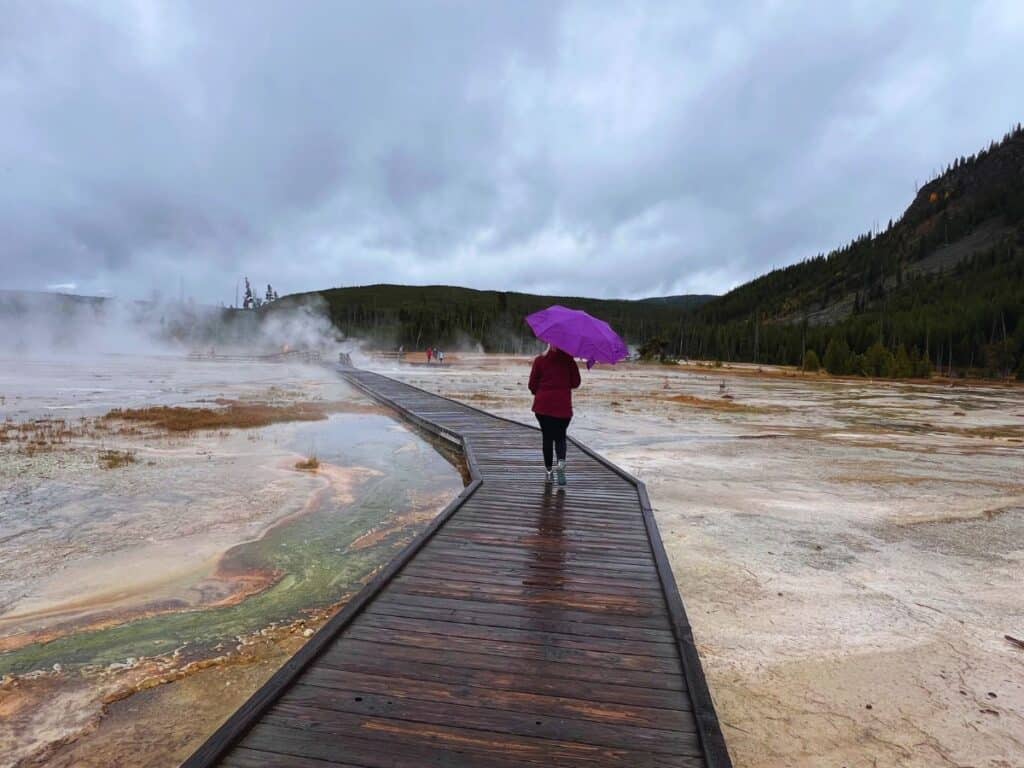 A woman walks a boardwalk trail past colorful pools in Yellowstone National Park.