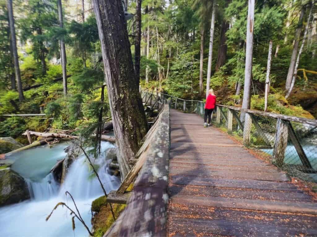 A woman walks a boardwalk trail across the top of a waterfall in North Cascades National Park.