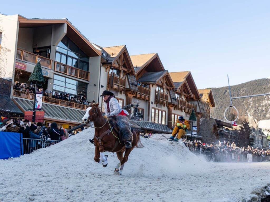 A horse pulls a skier along Banff Avenue at the SnowDays Festival.
