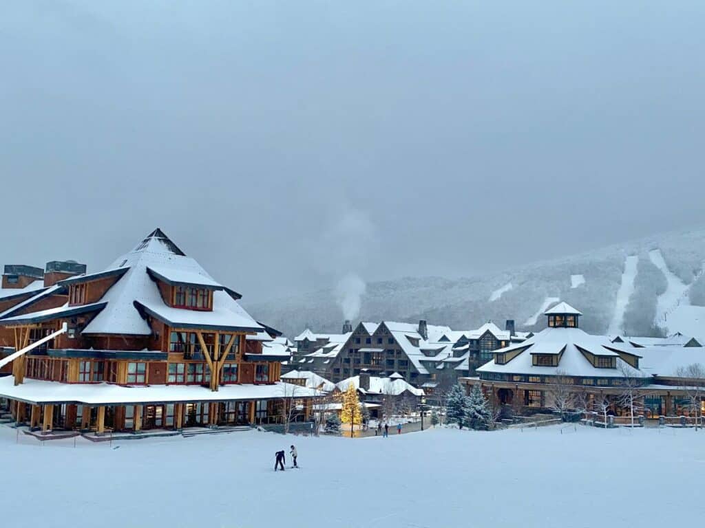 Dusk at a snow-covered resort in Stowe, VT