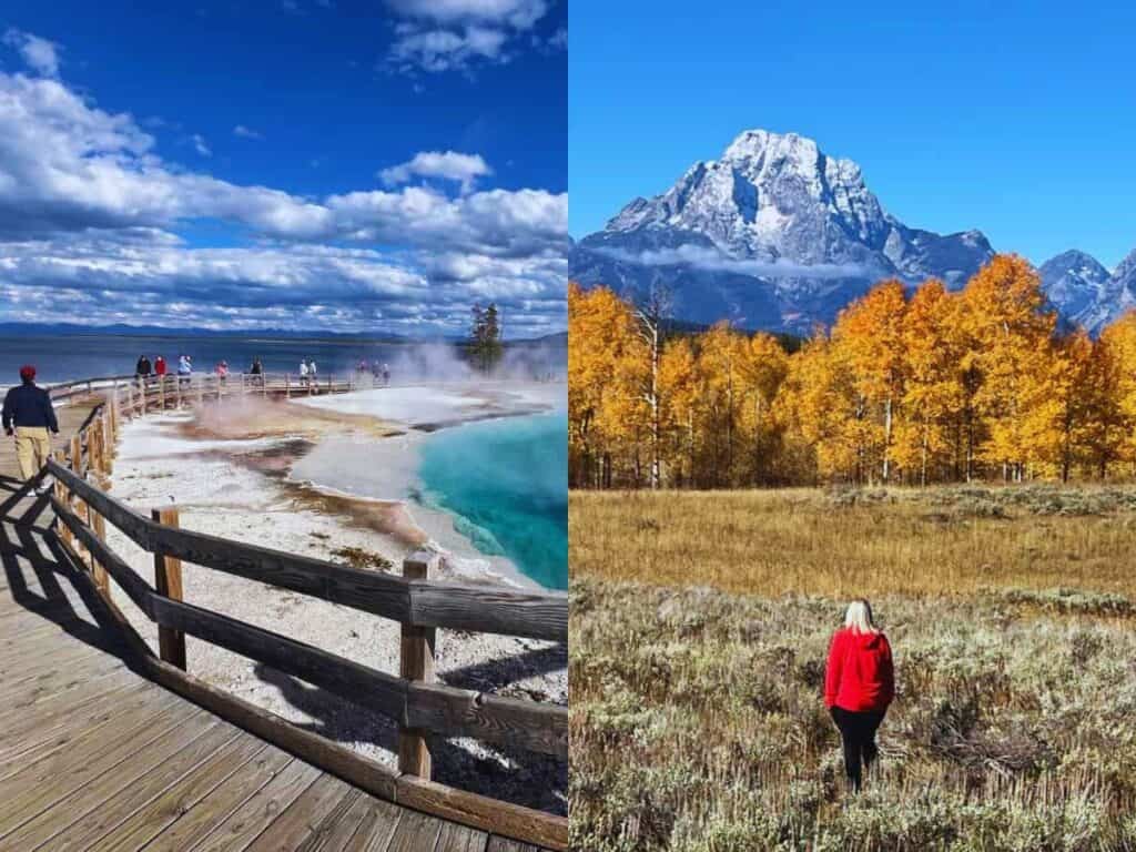 The left image is a man walking a boardwalk trail by a steaming blue pool in Yellowstone. The right image is a woman walking in a field toward golden trees and snow-dusted mountains in Grand Teton.