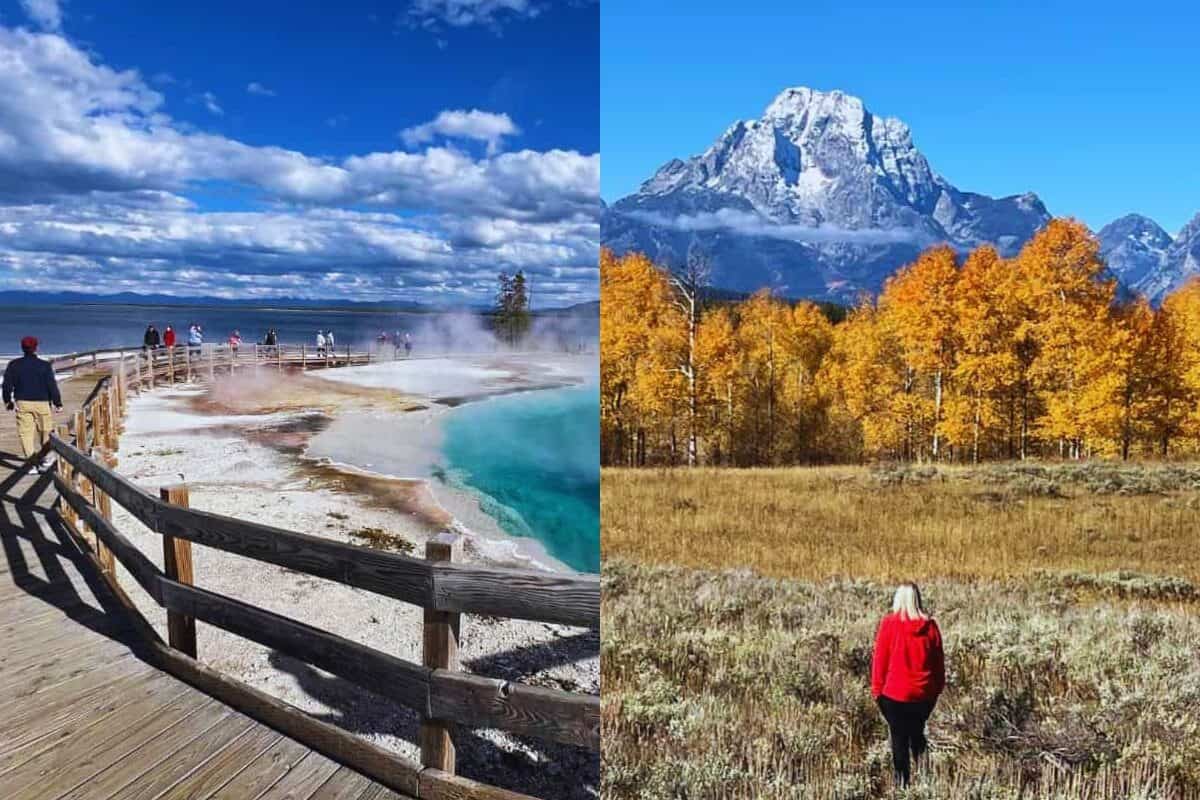 The left image is a man walking a boardwalk trail by a steaming blue pool in Yellowstone. The right image is a woman walking in a field toward golden trees and snow-dusted mountains in Grand Teton.