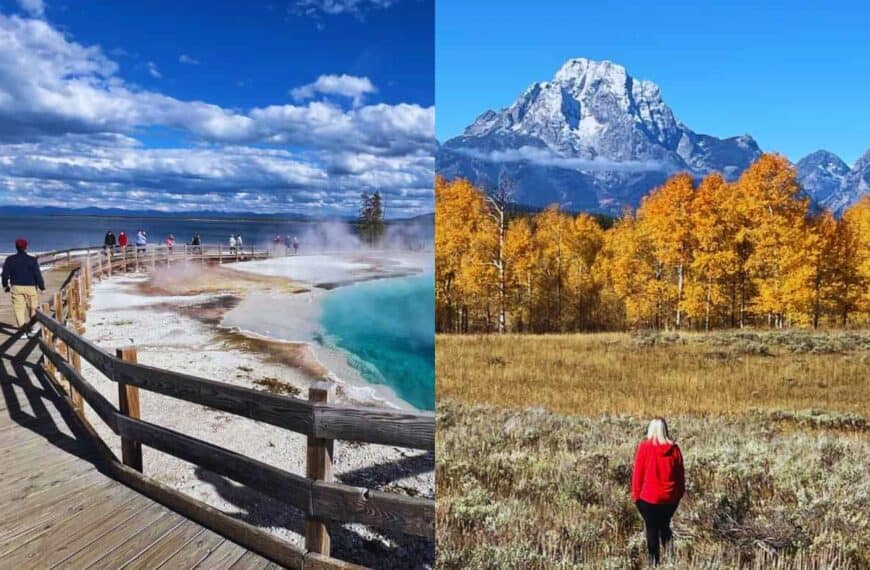 The left image is a man walking a boardwalk trail by a steaming blue pool in Yellowstone. The right image is a woman walking in a field toward golden trees and snow-dusted mountains in Grand Teton.