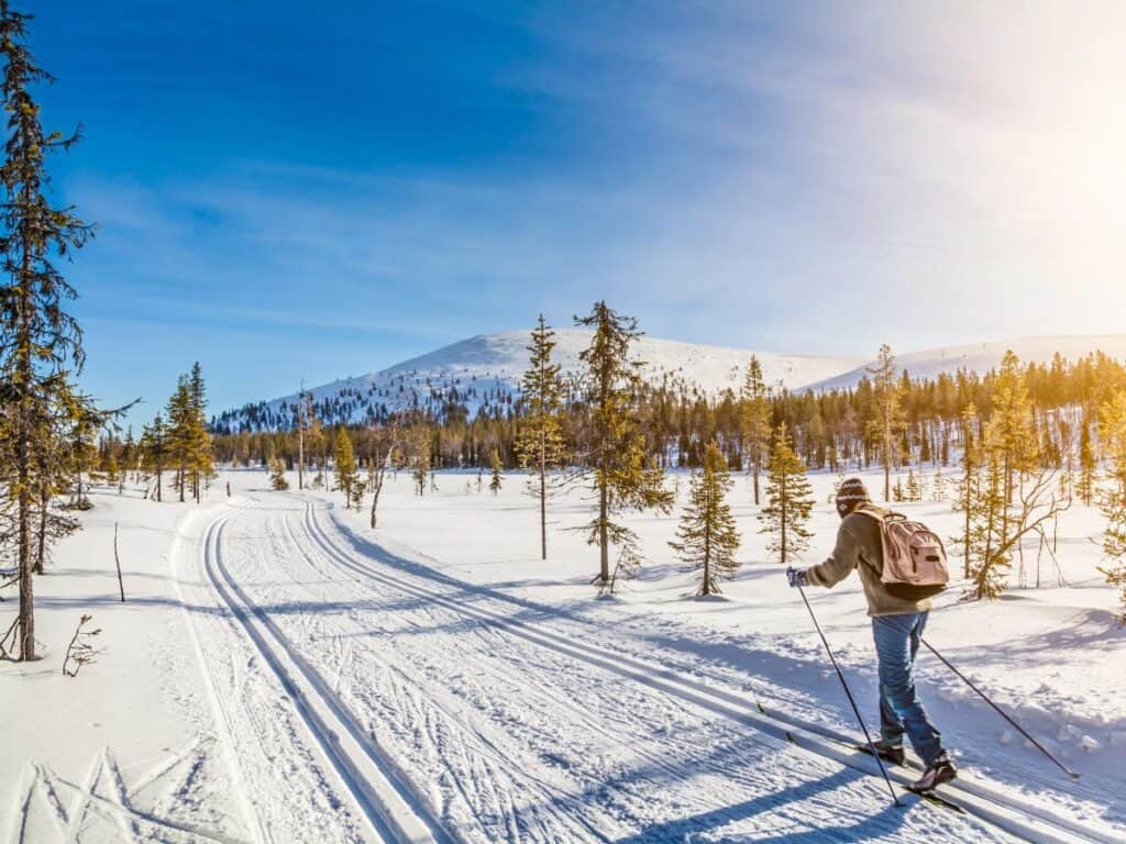 A cross-country skier moves toward a snowy mountain.