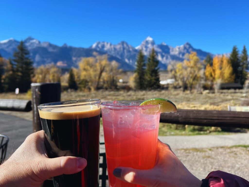 Two hands, each holding a drink, toast - with mountains on the horizon.