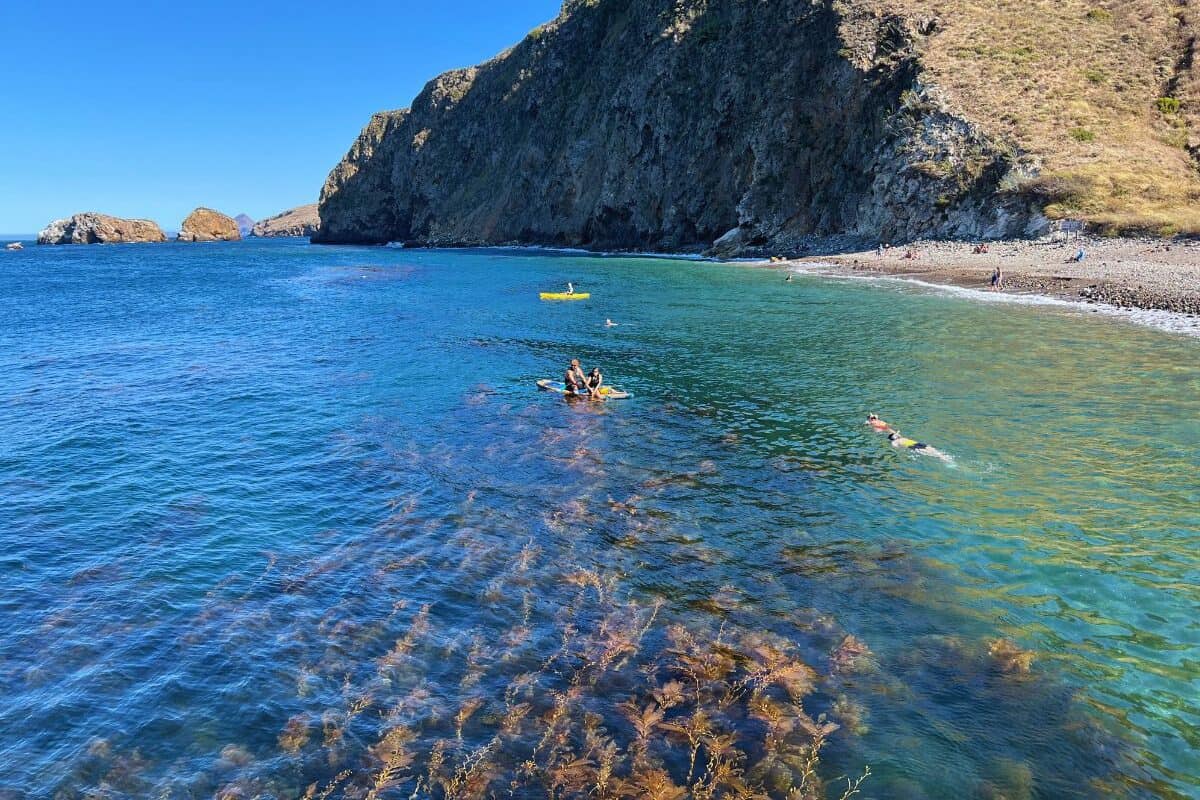 Channel Islands National Park visitors kayak and snorkel just off the coast of Santa Cruz Island.