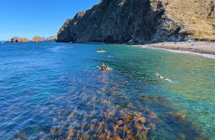 Channel Islands National Park visitors kayak and snorkel just off the coast of Santa Cruz Island.