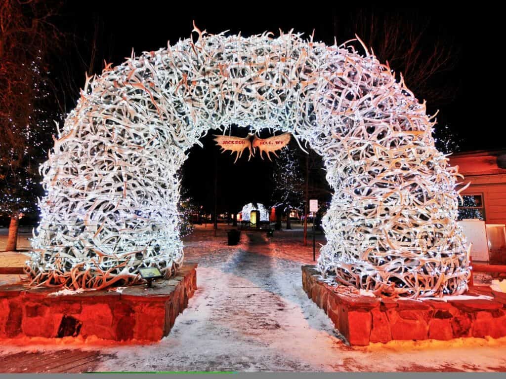 Antler arches, often dusted with snow in winter, welcome visitors to Jackson Hole, WY - a fun ski town, even for non-skiers