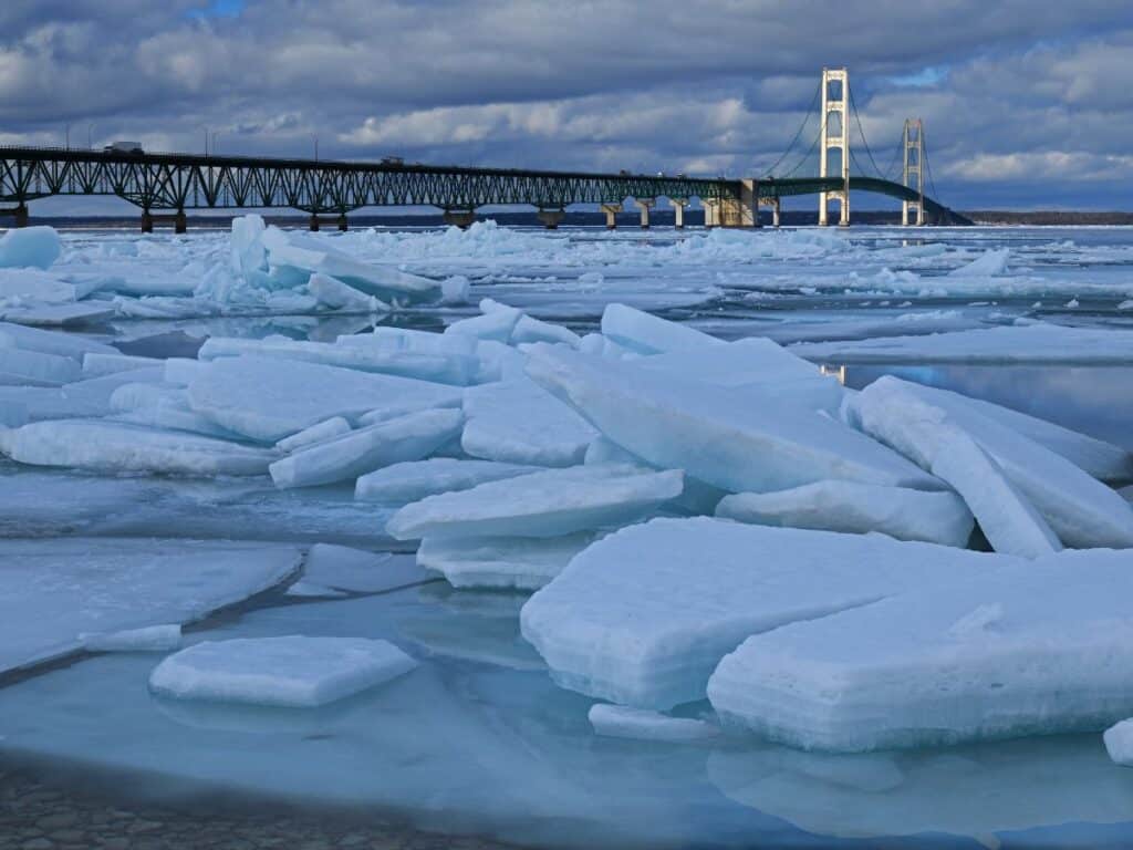 Ice shards cover the water near the Mackinac Bridge in the Upper Peninsula of Michigan.