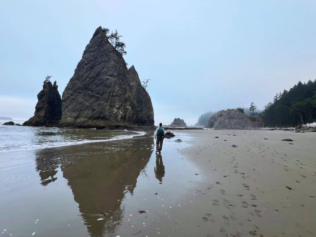 A man walks Rialto Beach toward Split Rock